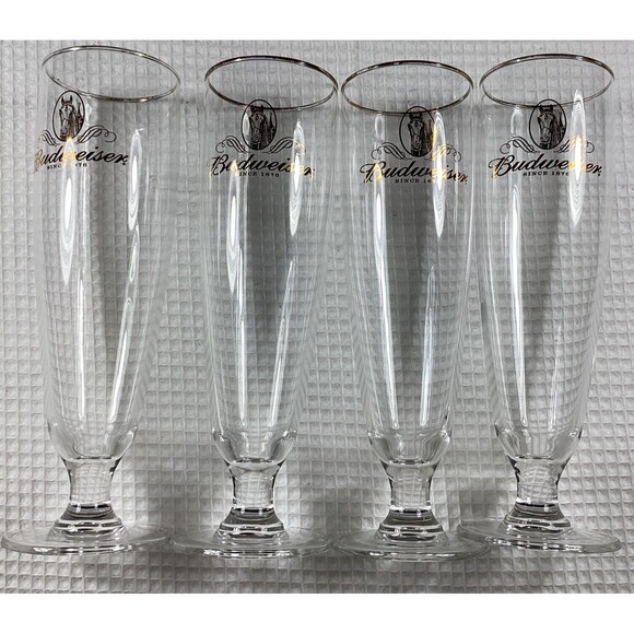 Vintage Budweiser Beer Pilsner Style Glasses - Gold Rimmed Set of 4 (12 oz) - Picture 2 of 6
